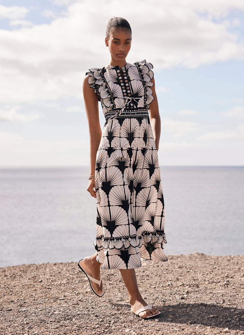 White Cotton Shell Print Midi Dress