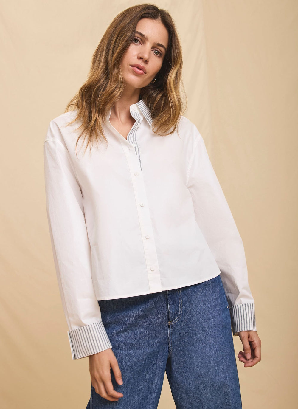 White Cotton Stripe Detail Cropped Shirt