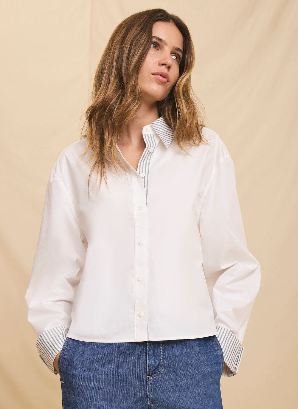 White Cotton Stripe Detail Cropped Shirt
