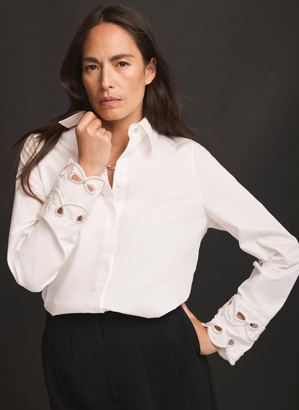 White Cotton Embellished Cuff Shirt