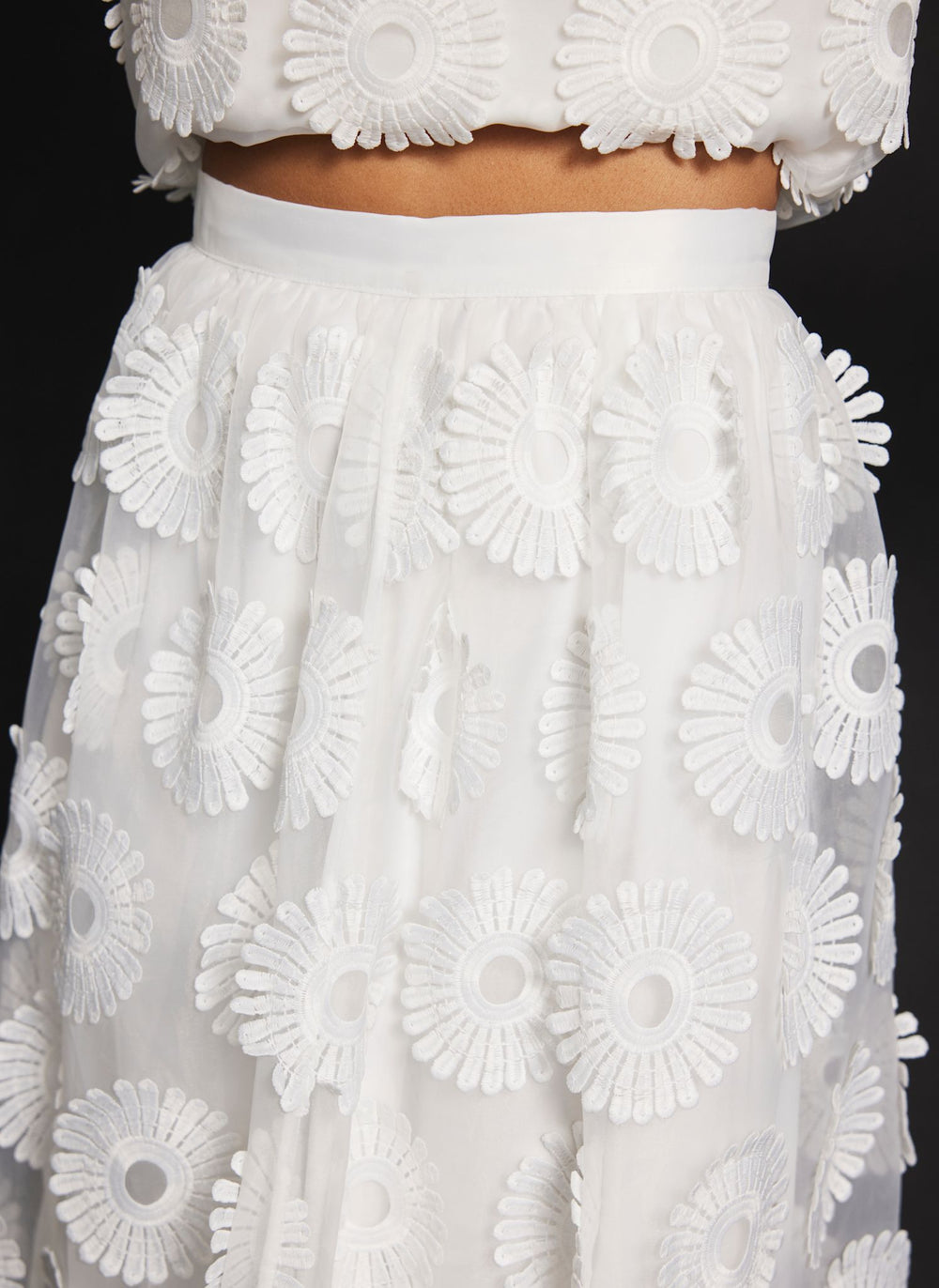 White Floral Applique Midi Skirt