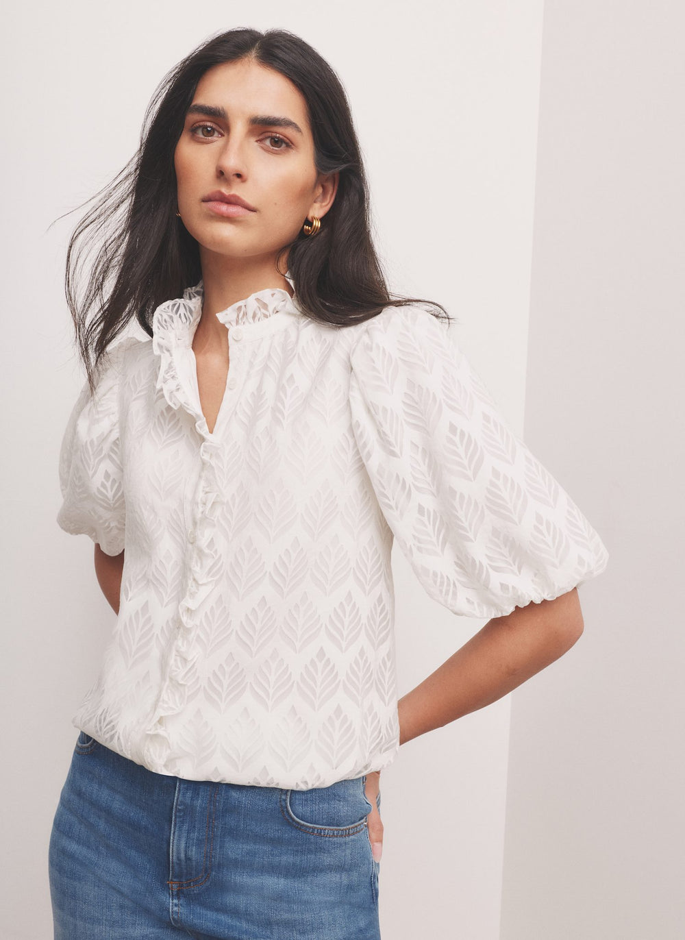 White Jacquard Ruffle Blouse