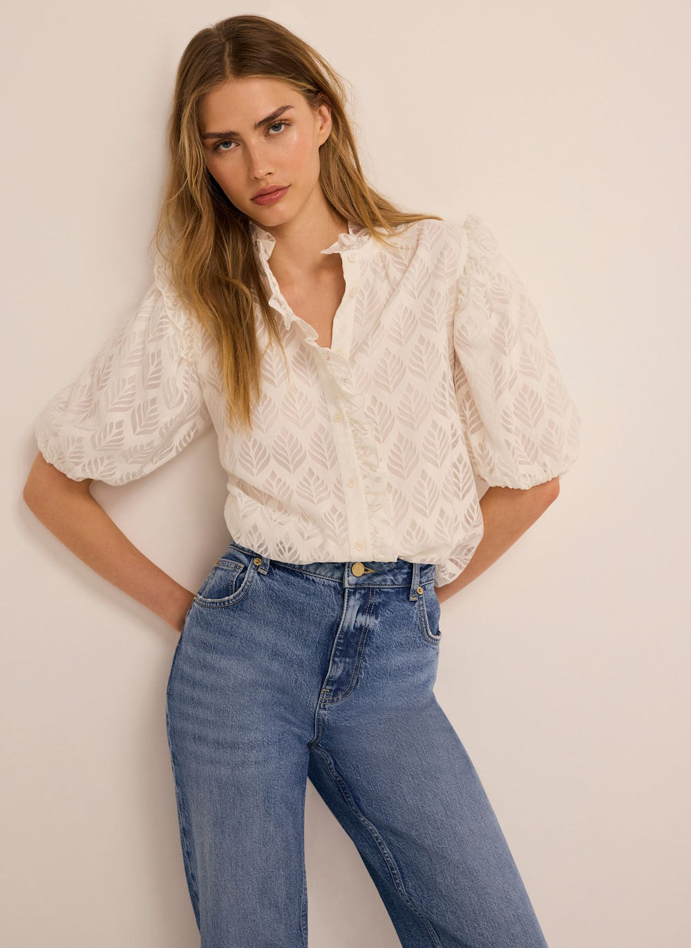 White Jacquard Ruffle Blouse