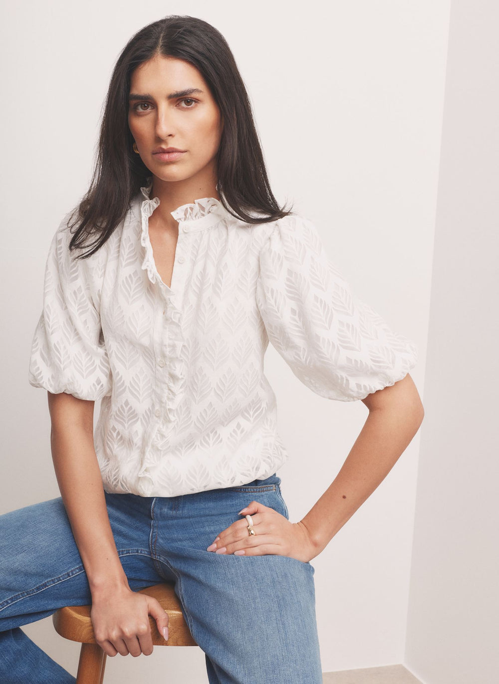 White Jacquard Ruffle Blouse