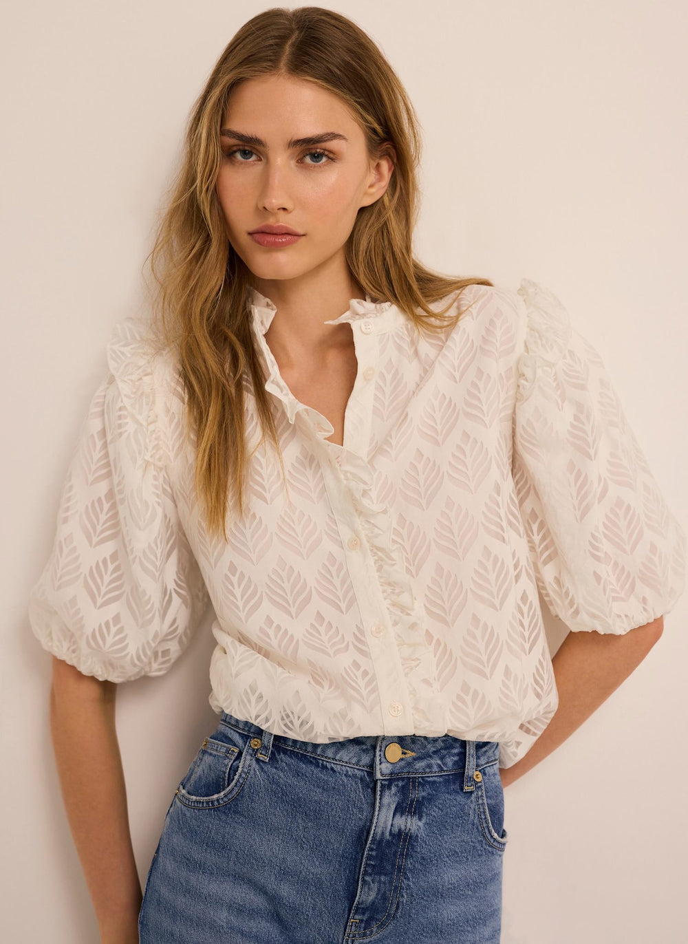 White Jacquard Ruffle Blouse