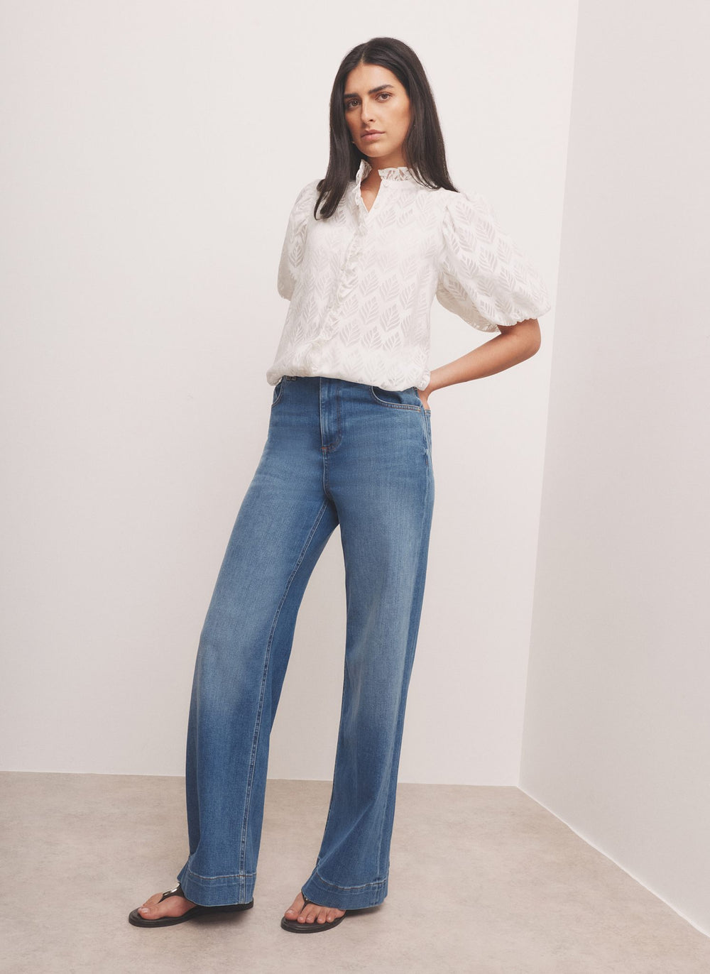 White Jacquard Ruffle Blouse