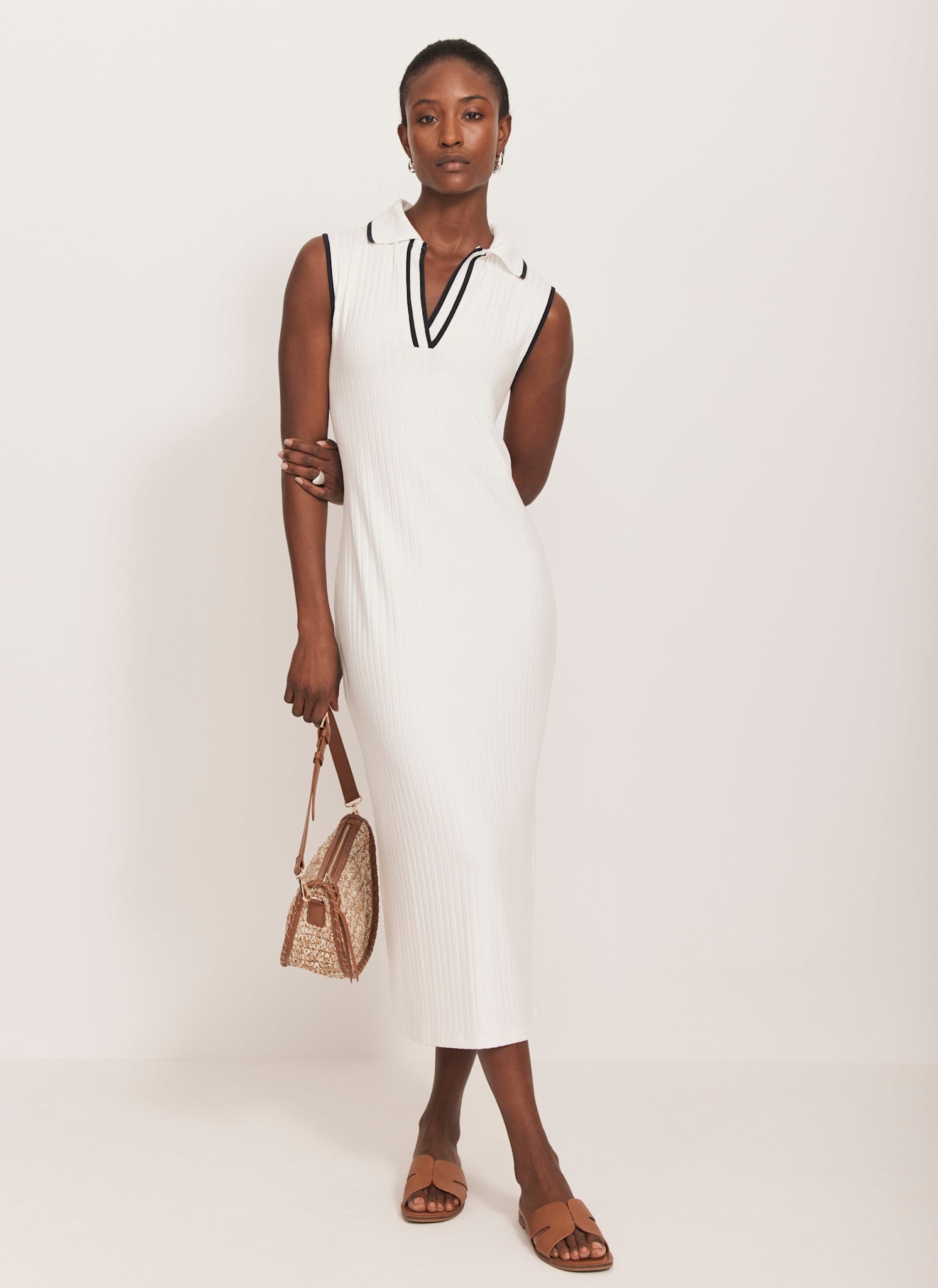 White Jersey Sleeveless Polo Midi Dress