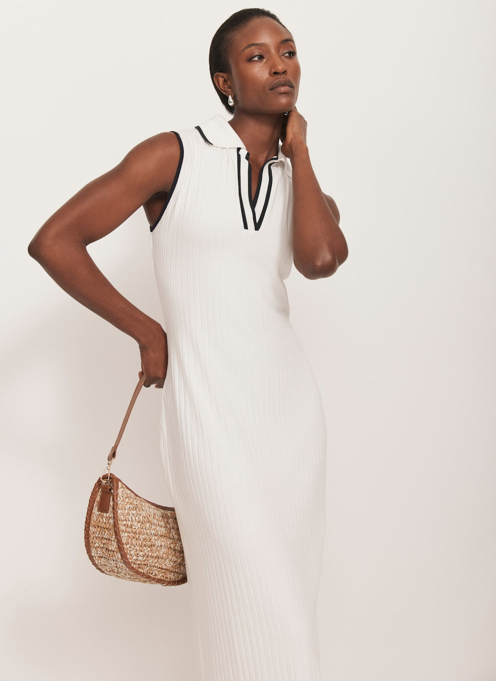 White Jersey Sleeveless Polo Midi Dress