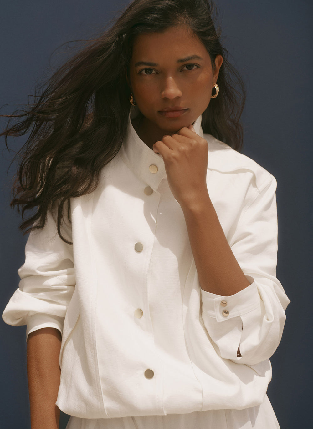 White Linen Blend Bomber Jacket