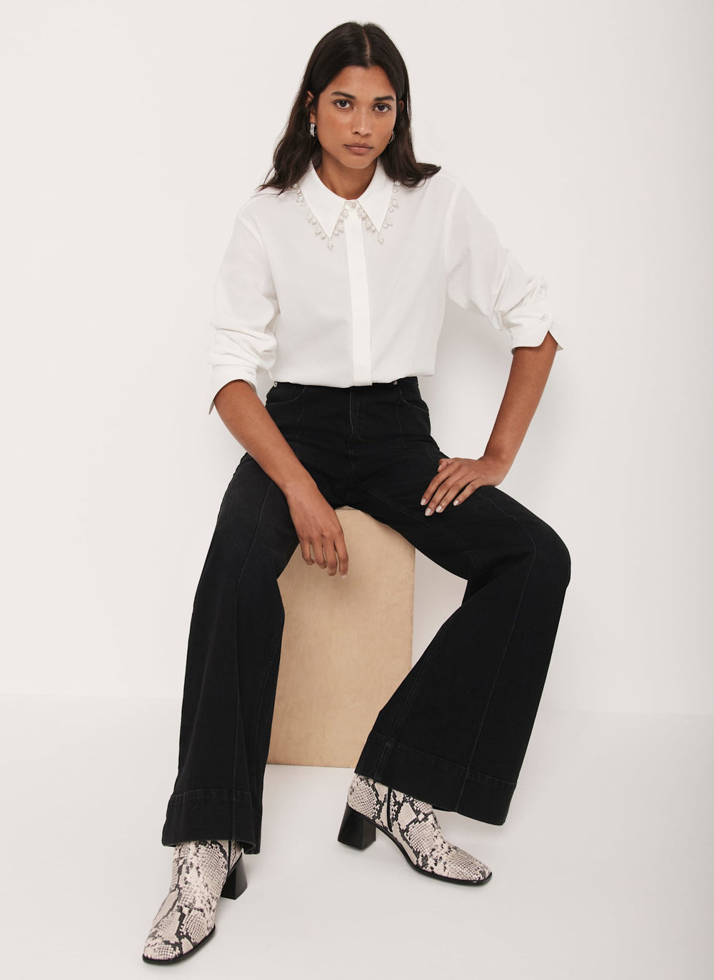 White Cotton Blend Pearl Collar Shirt