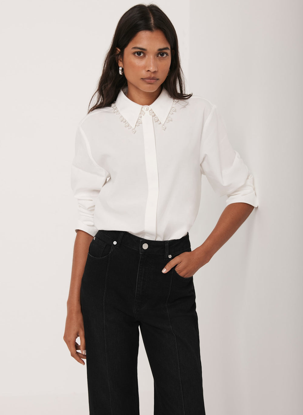 White Cotton Blend Pearl Collar Shirt