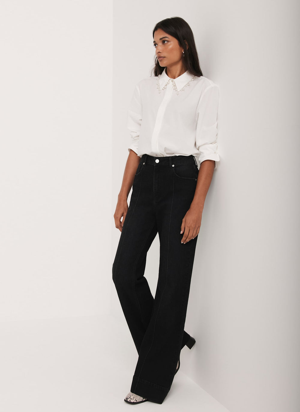 White Cotton Blend Pearl Collar Shirt