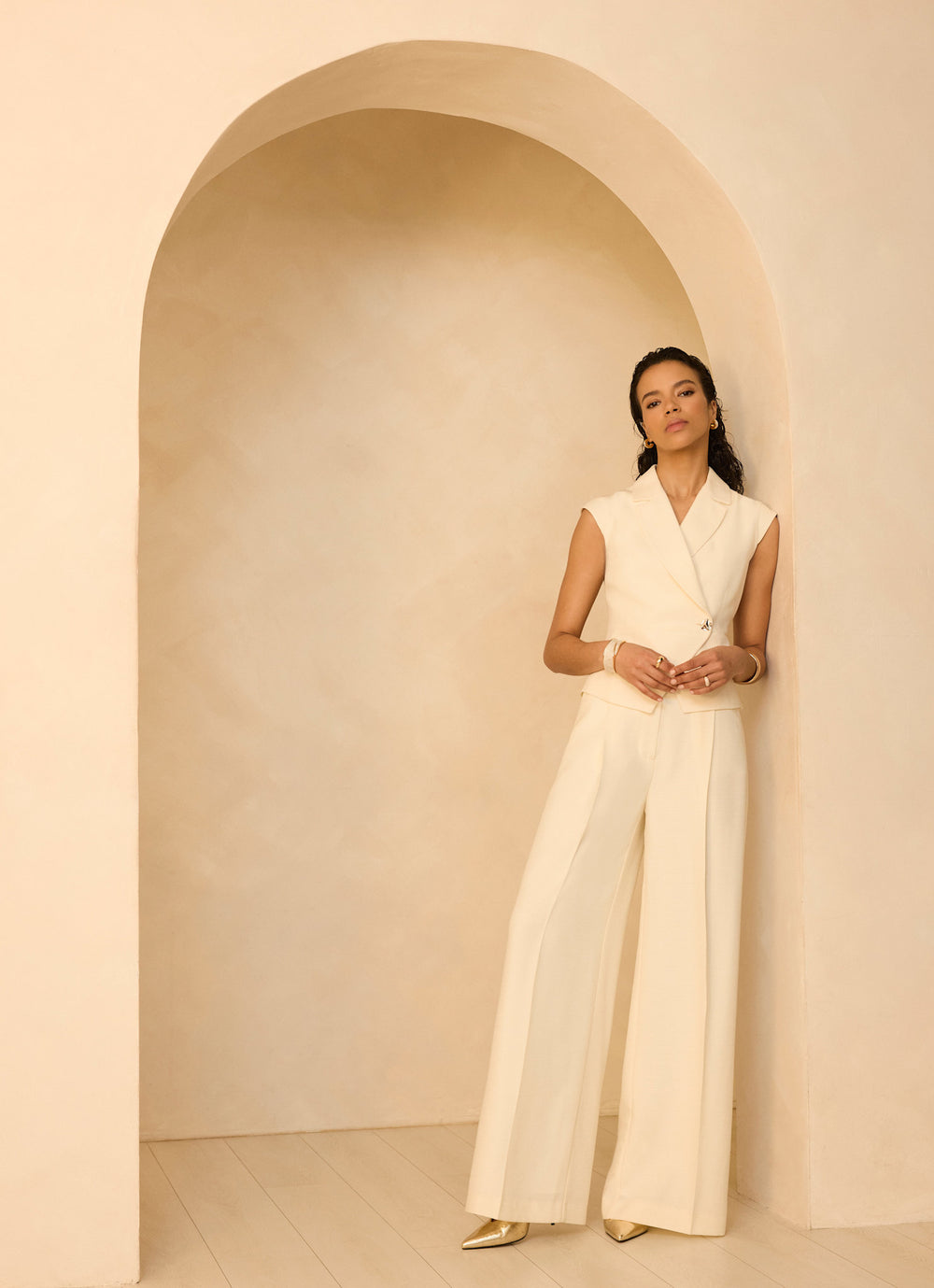 Cream Tailored Wide Leg Trousers