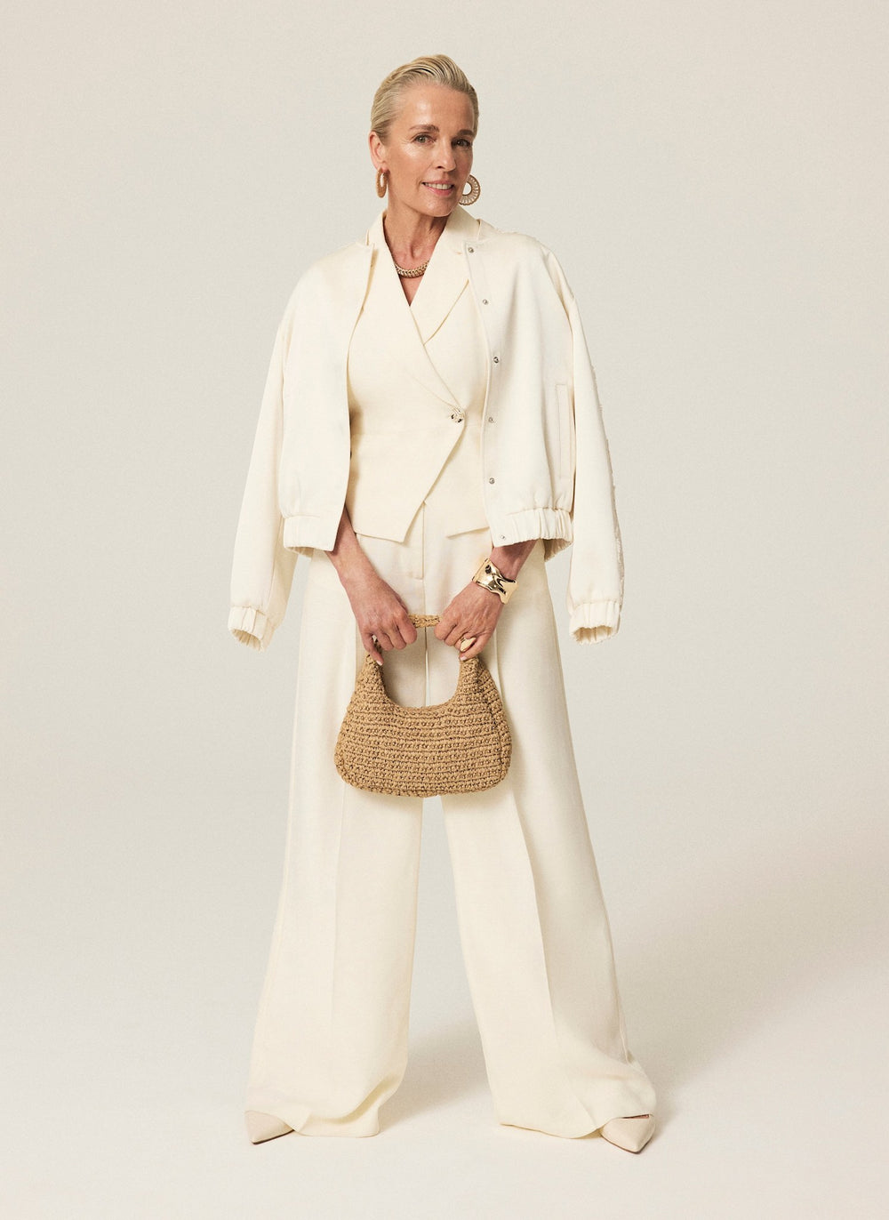 Cream Tailored Wide Leg Trousers