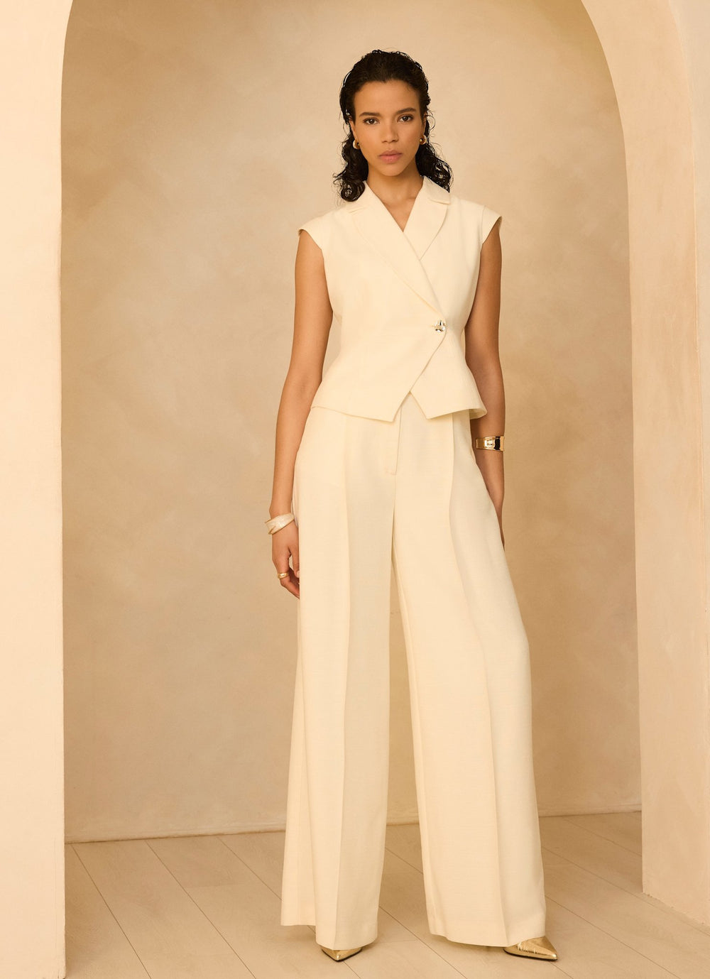 Cream Tailored Wide Leg Trousers