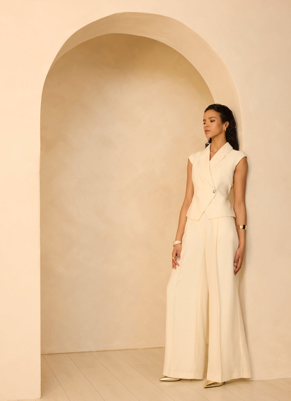 Cream Tailored Wide Leg Trousers