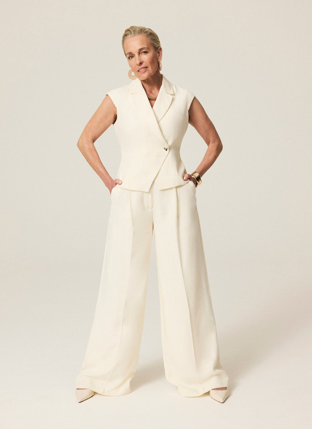 Cream Tailored Wide Leg Trousers