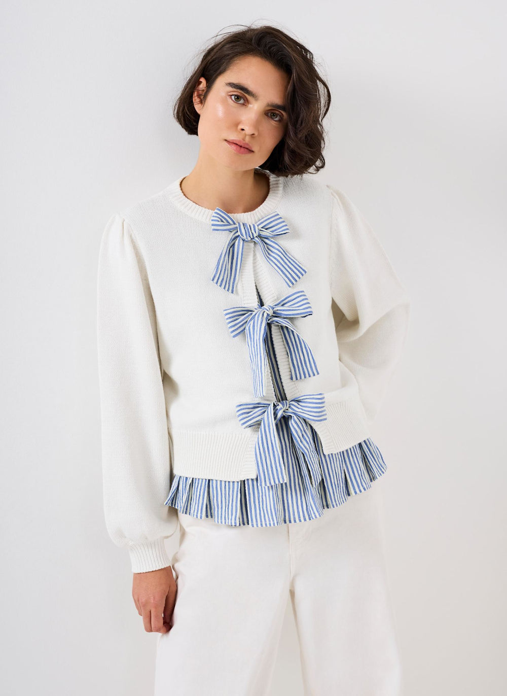 White Cotton Blend Bow Detail Jumper