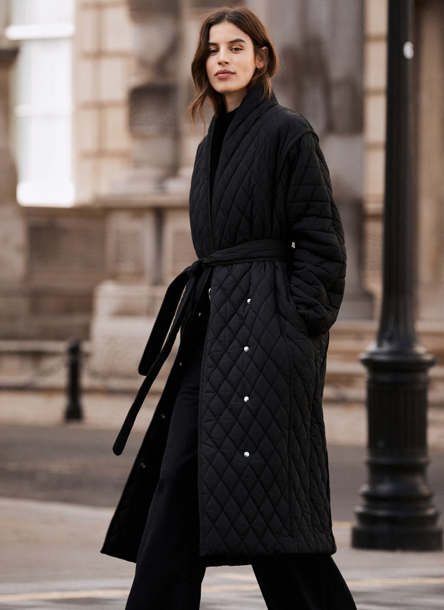 Black Quilted Belted Wrap Coat