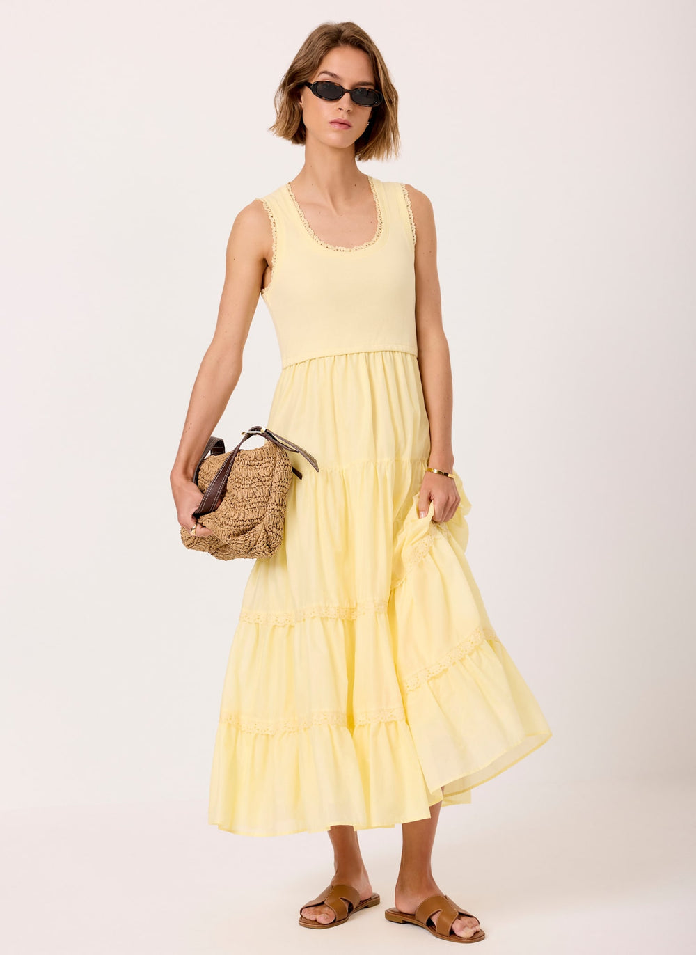 Yellow Crochet Detail Midi Dress