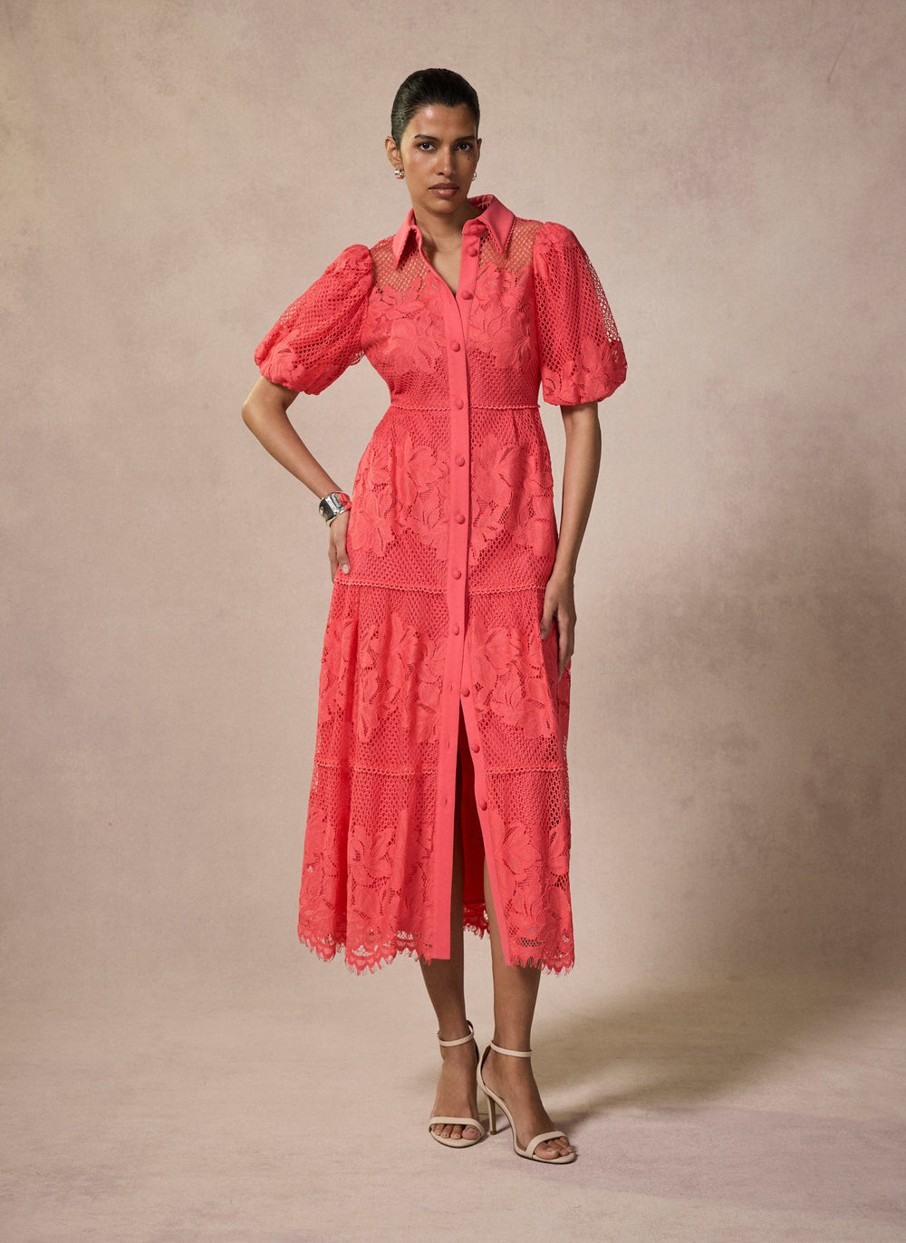 Deep Pink Lace Midi Shirt Dress