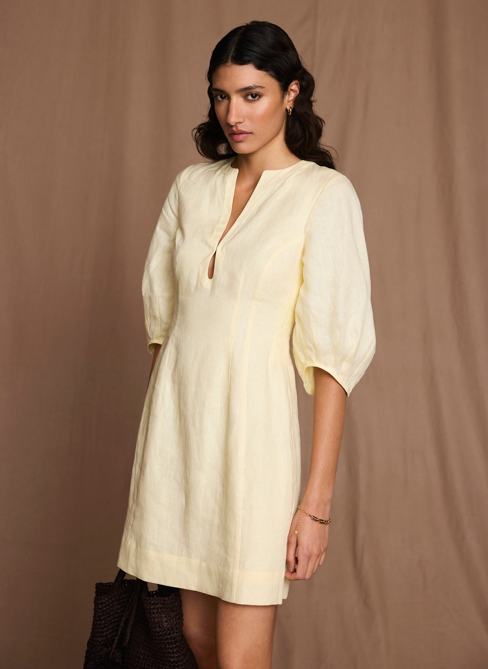 Yellow Linen Puff Sleeve Mini Dress