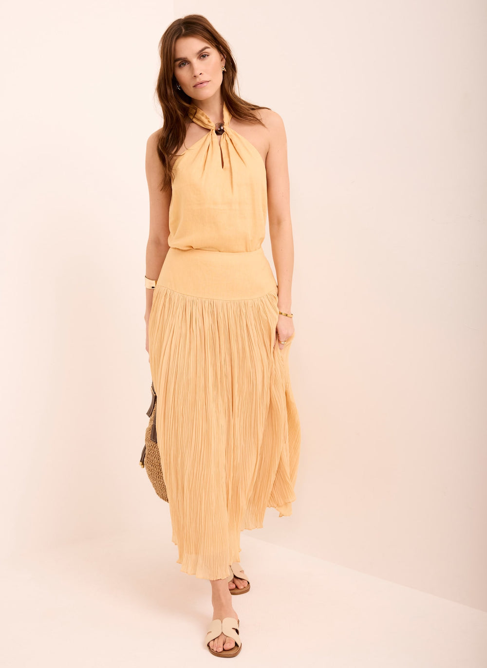 Yellow Drop Waist Crinkle Midi Skirt
