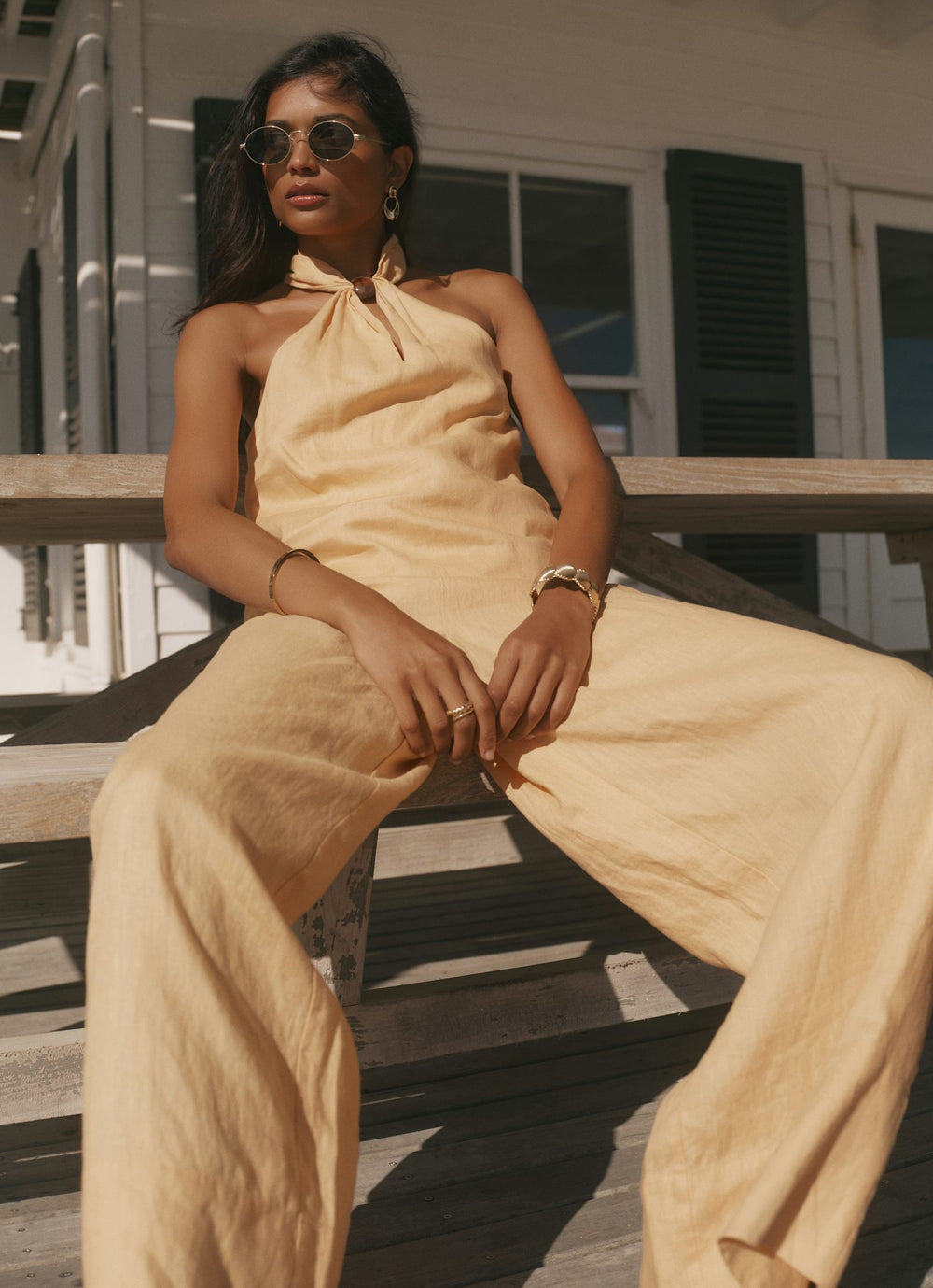 Yellow Linen Drawstring Wide Leg Trousers