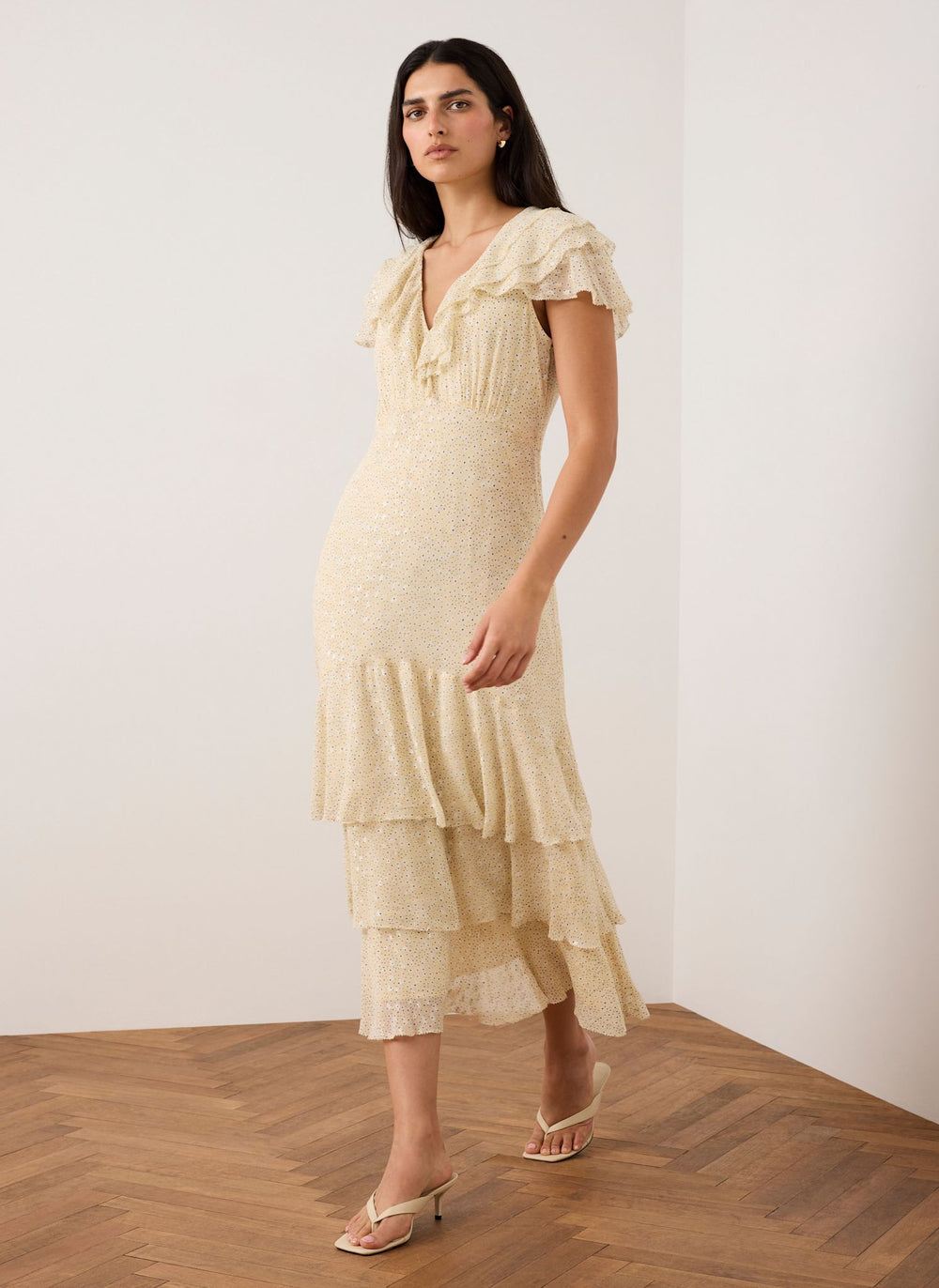 Yellow Ruffle Print Midi Dress