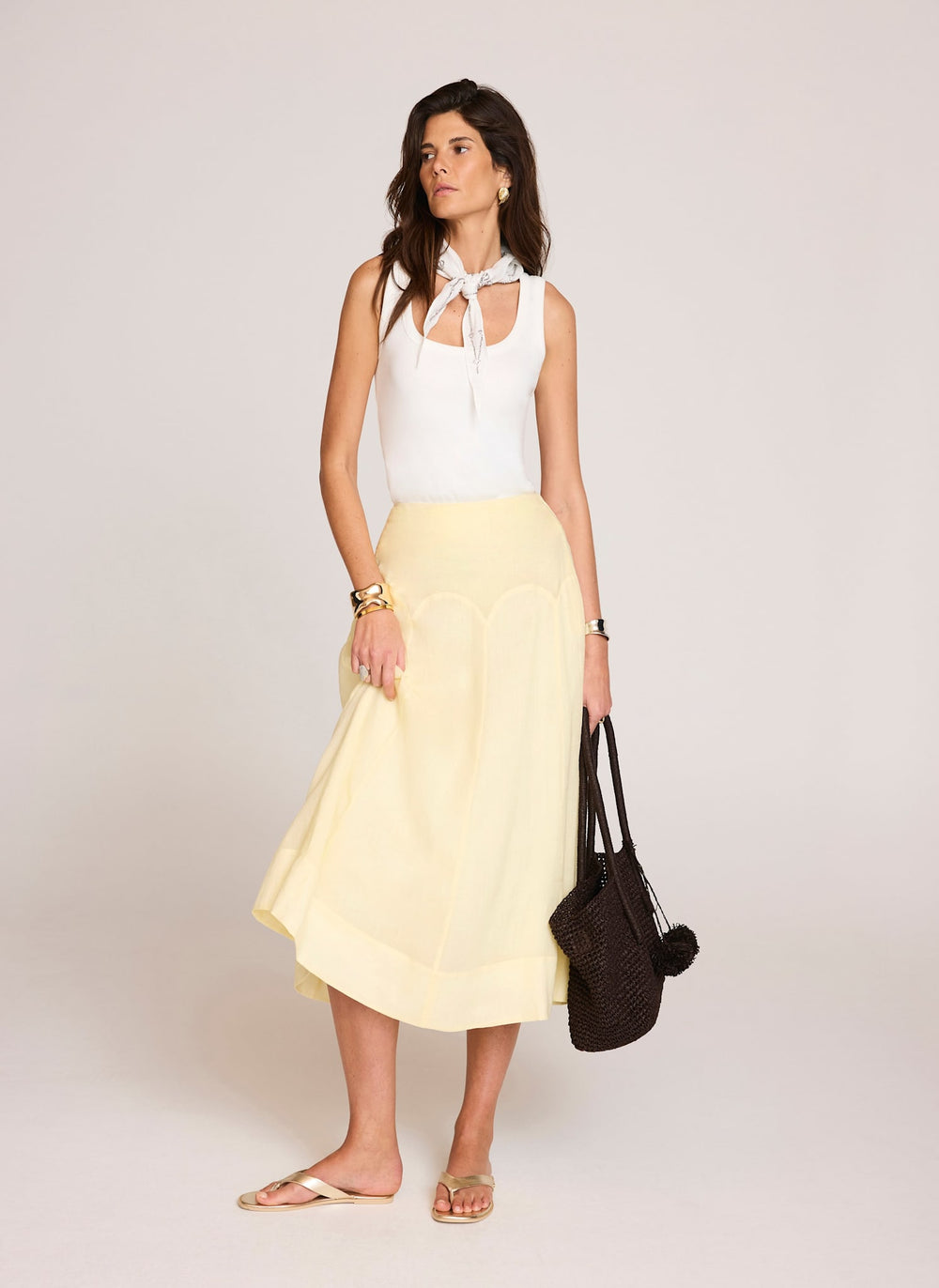 Yellow Ramie Drop Waist Midi Skirt