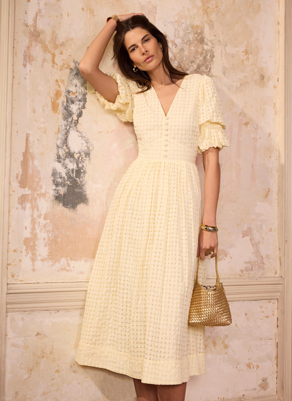 Yellow Checked Midi Dress