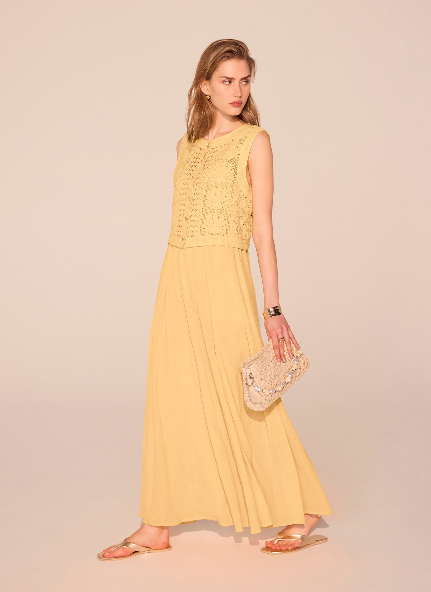 slim fit dress slacks Francis Crochet Maxi Dress  Gold Crochet Maxi Dress