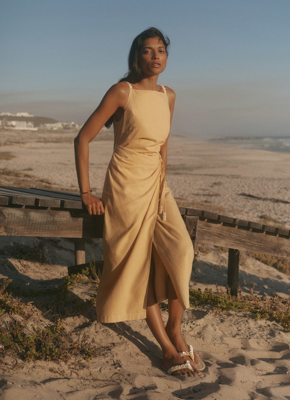 Yellow Linen Blend Wrap Midi Dress