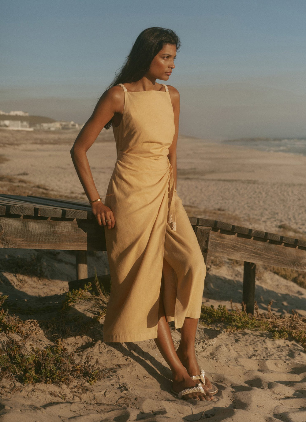 Yellow Linen Blend Wrap Midi Dress