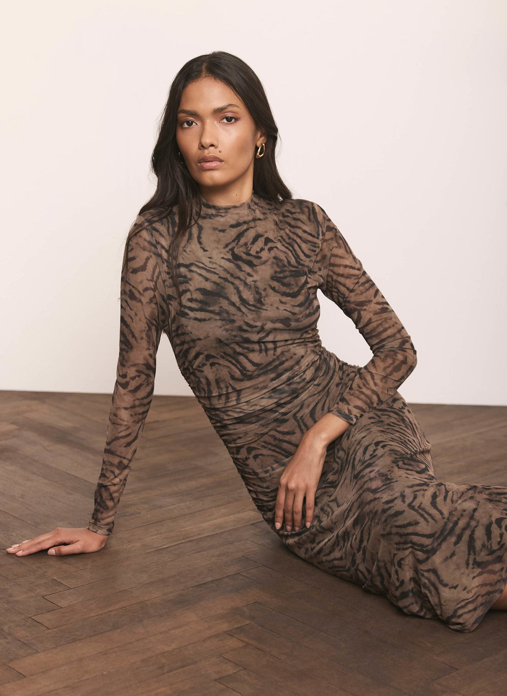 Brown Animal Print Mesh Midi Dress