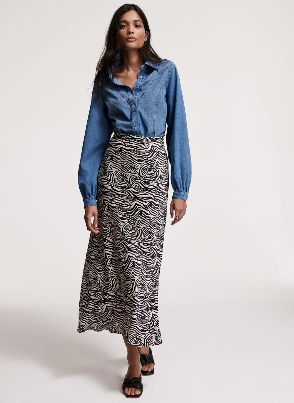 Zebra Print Satin Slip Midi Skirt