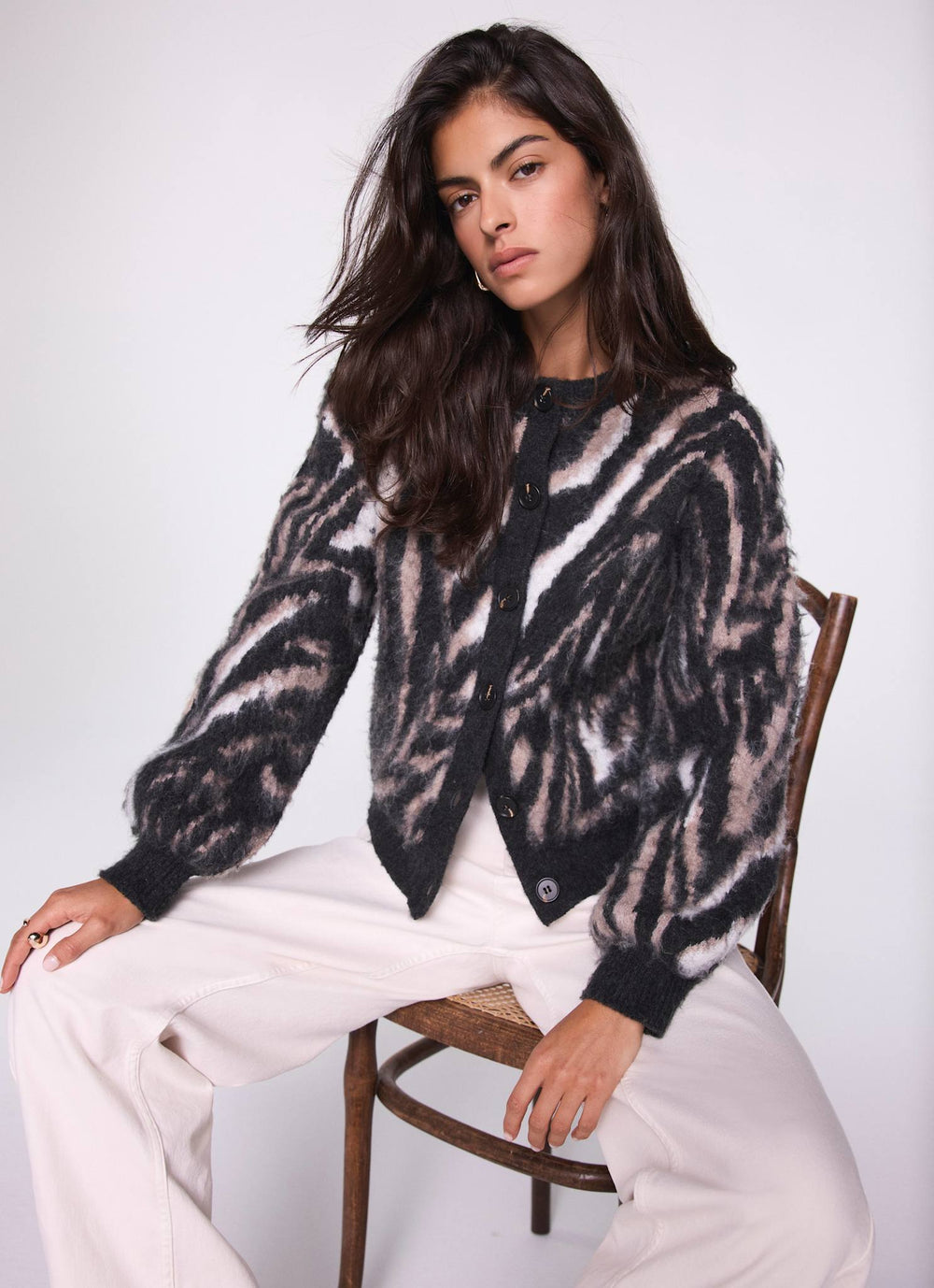 Neutral Zebra Print Knit Cardigan