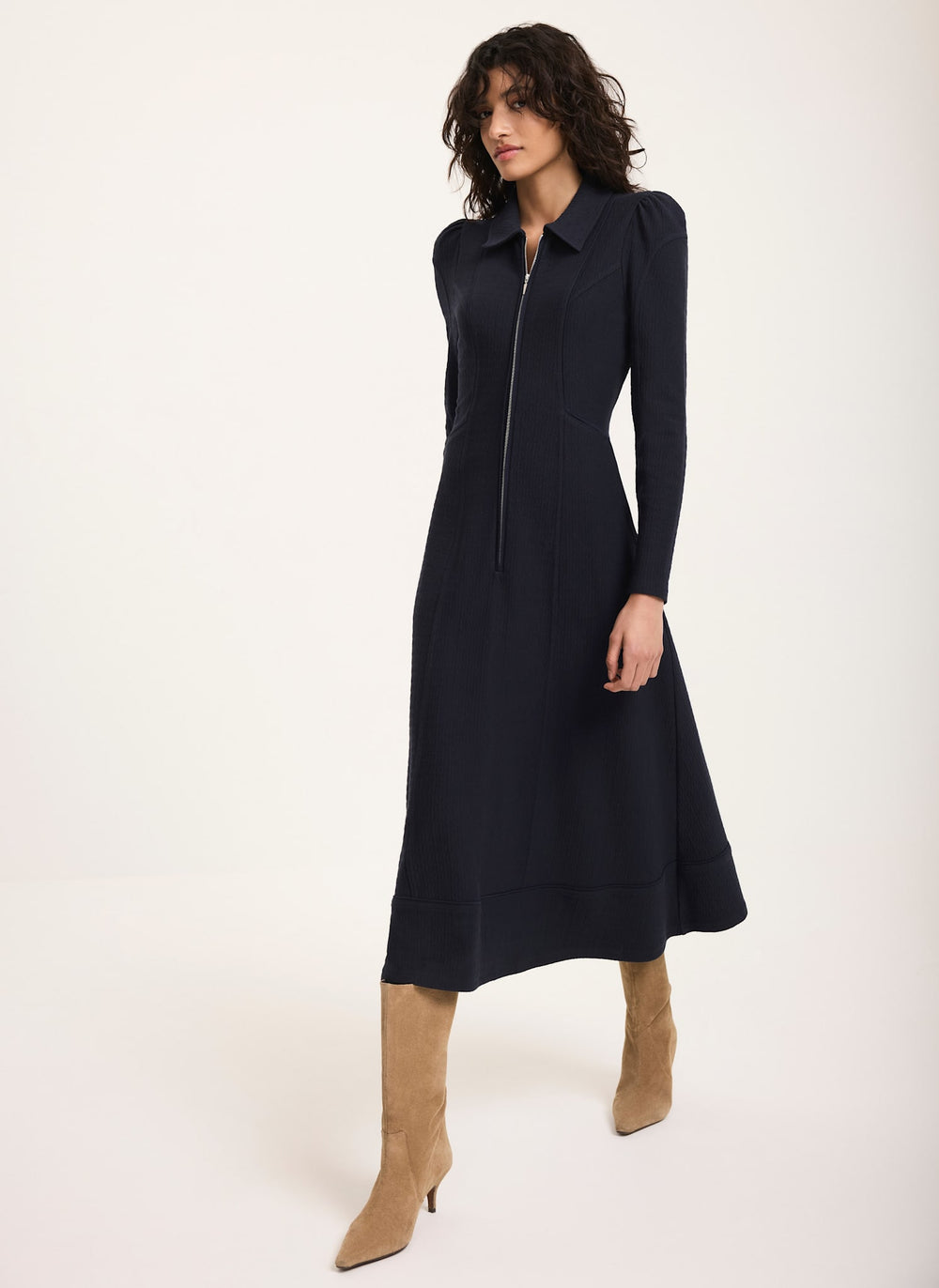 Navy Textured Zip Detail Midi Dress