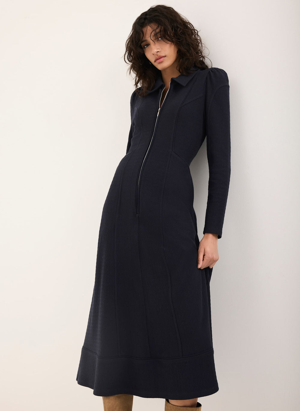 Navy Textured Zip Detail Midi Dress