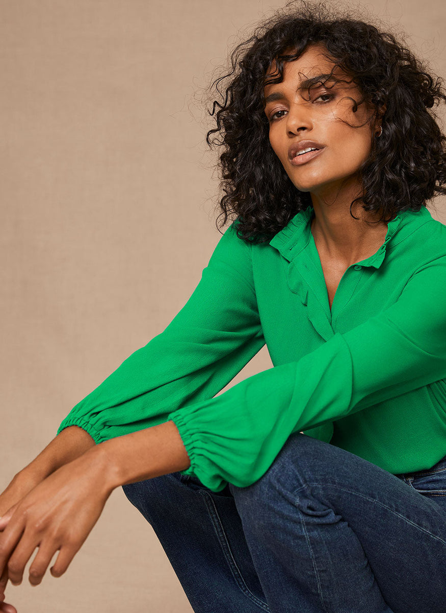 Green Ruffle Detail Blouse Mint Velvet