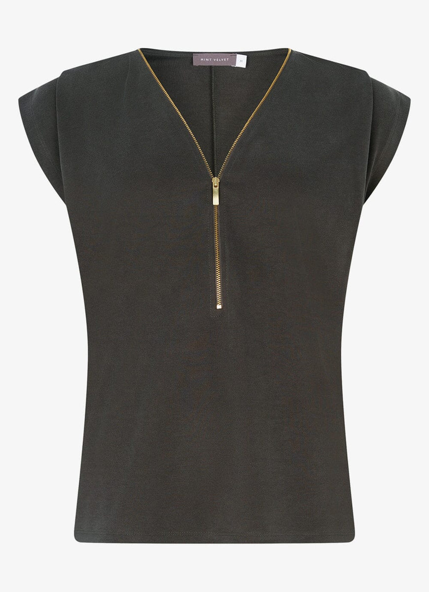 Khaki Zipped TShirt Mint Velvet