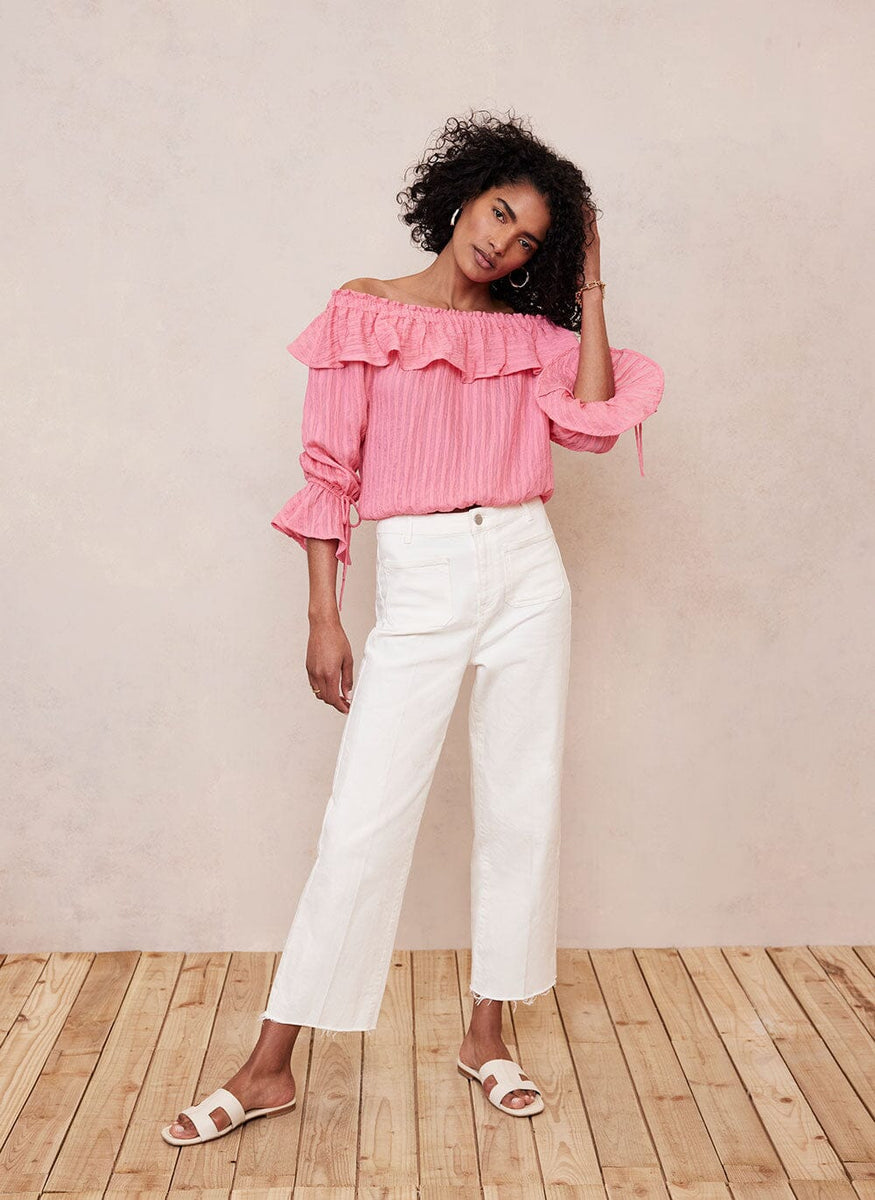 Miss Selfridge Textured Puff Sleeve Bardot Top in Pink