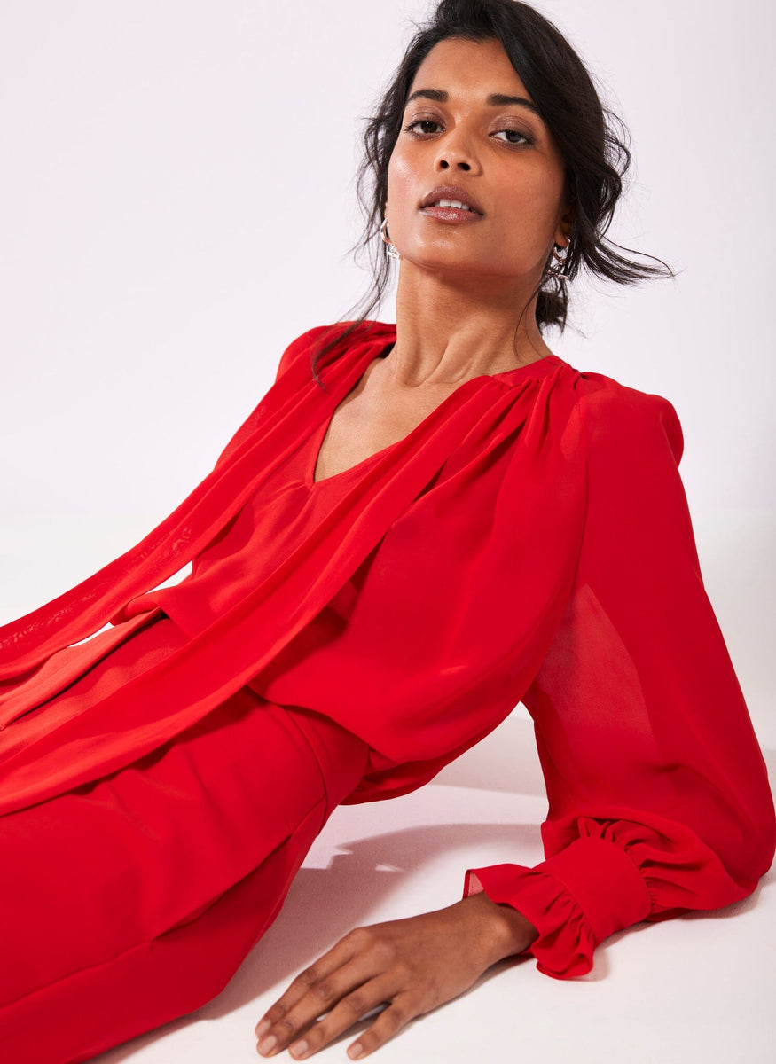 Red Tie Neck Gathered Blouse Mint Velvet