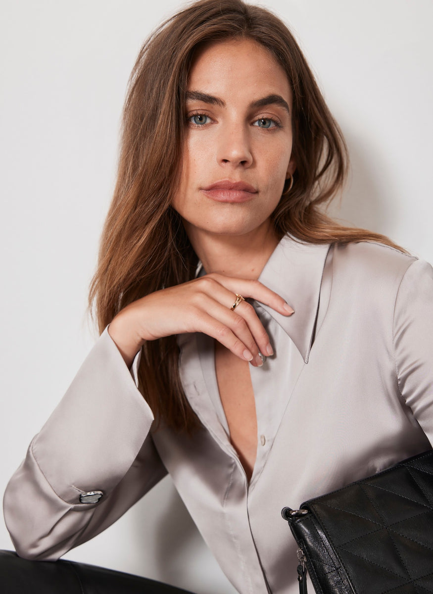 Silver Satin Cuff Detail Shirt Mint Velvet