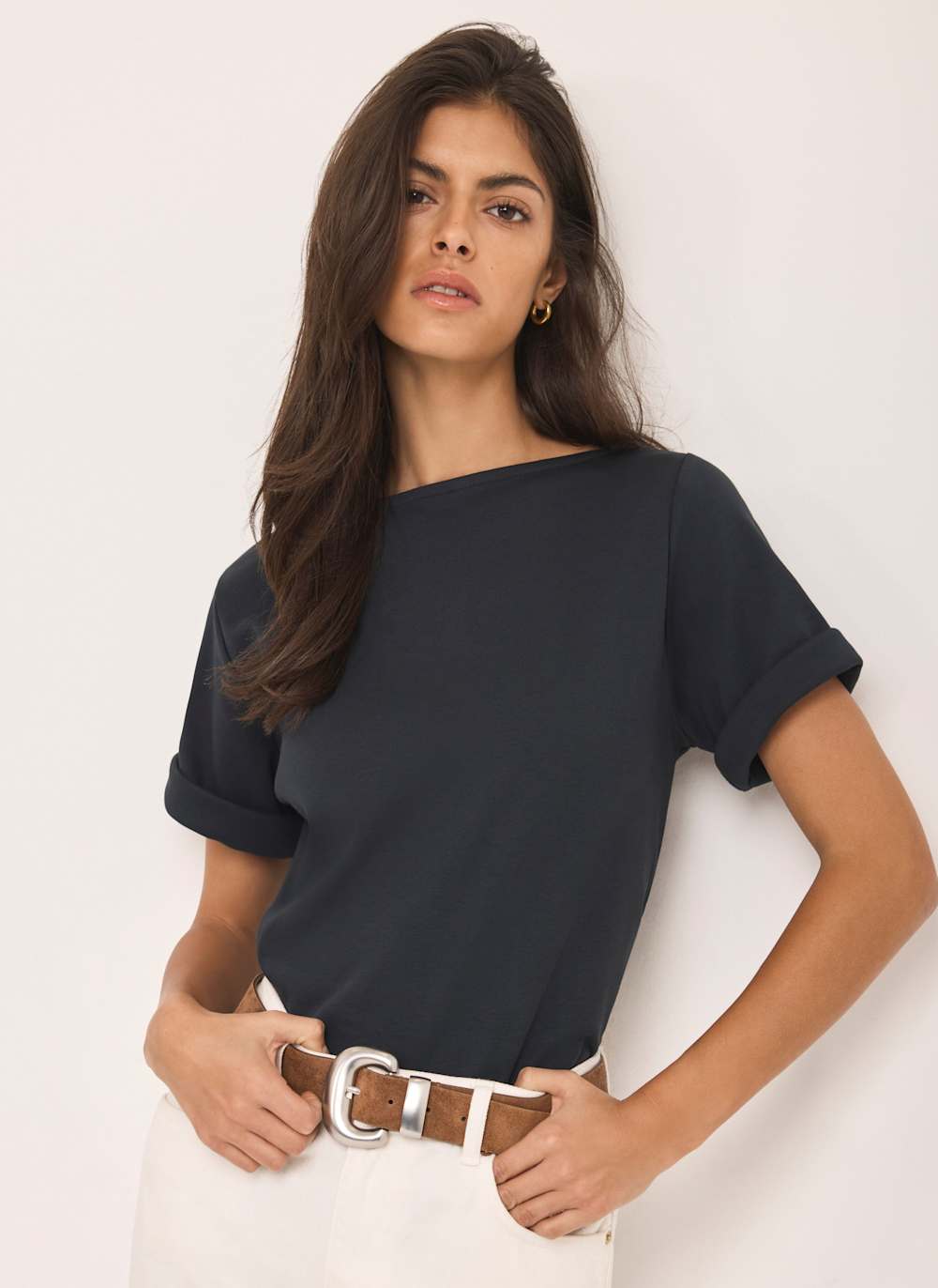Navy Slash Neck T Shirt