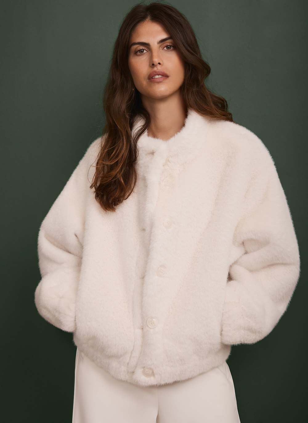 White Faux Fur Bomber Jacket