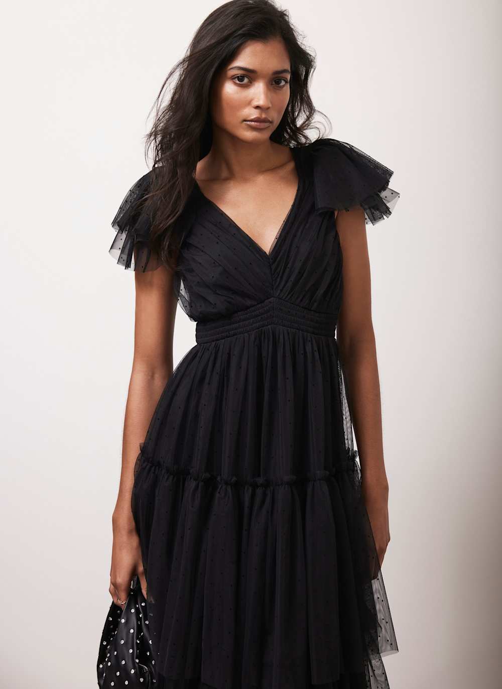 Black Spot Tulle Ruffle Maxi Dress