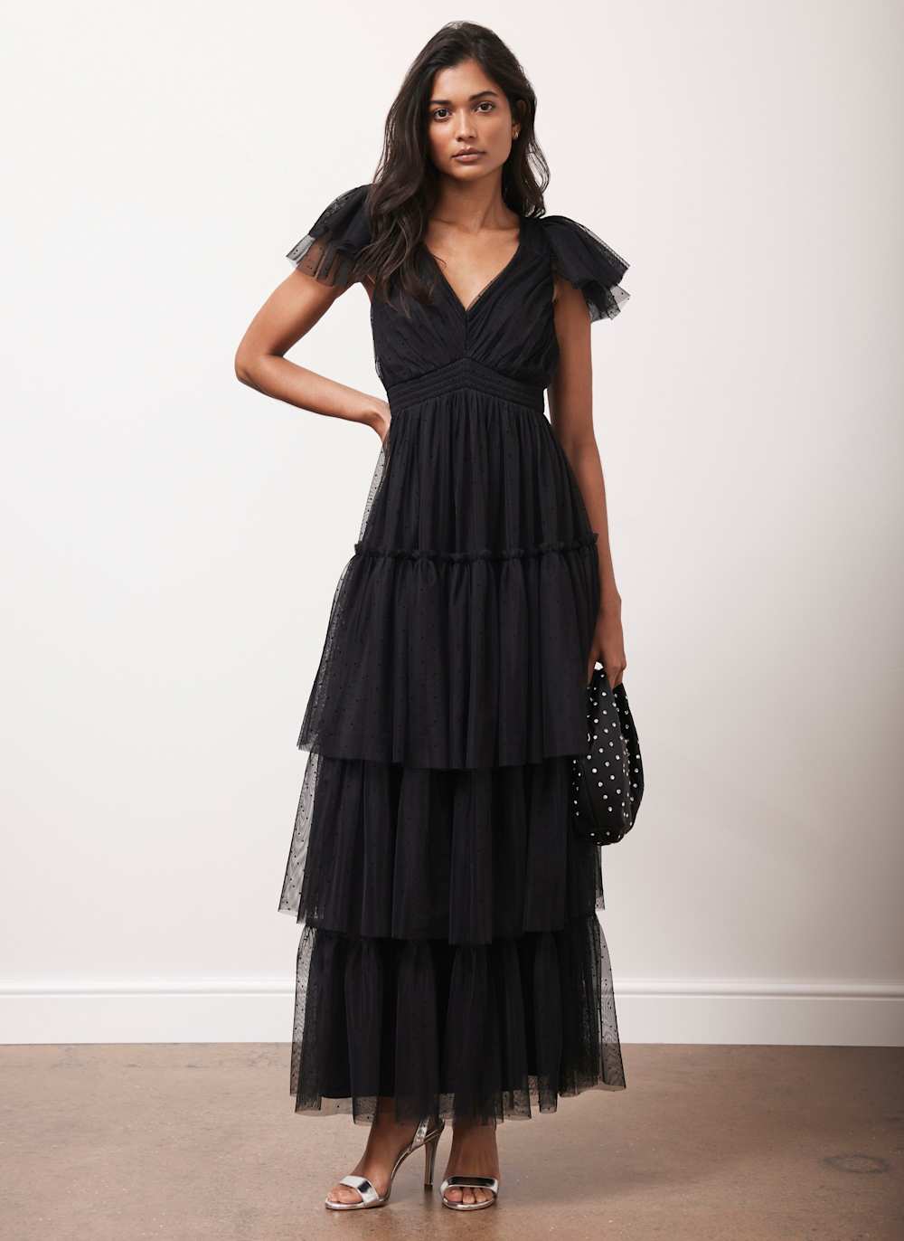 Black Spot Tulle Ruffle Maxi Dress