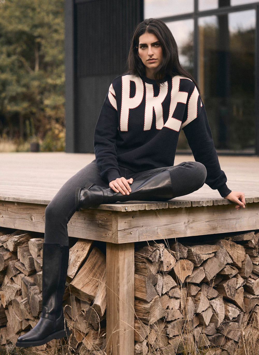 Black Cotton Blend Graphic Apres Sweatshirt