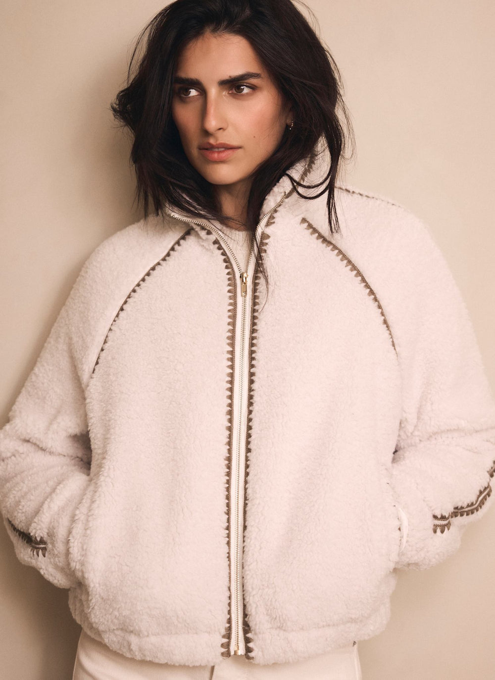 Cream Whipstitch Detail Borg Jacket